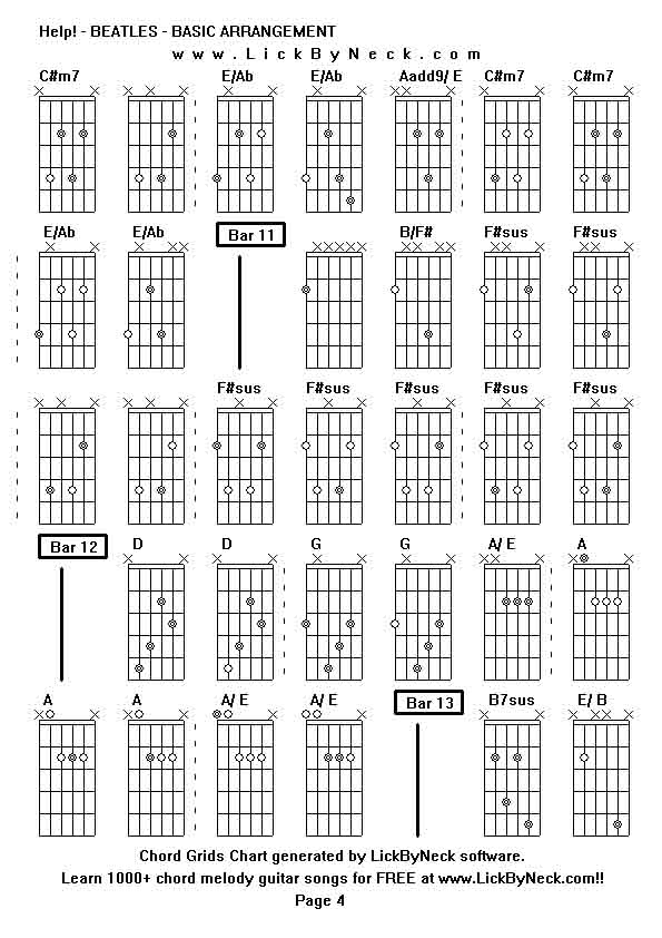 Chord Grids Chart of chord melody fingerstyle guitar song-Help! - BEATLES - BASIC ARRANGEMENT,generated by LickByNeck software.